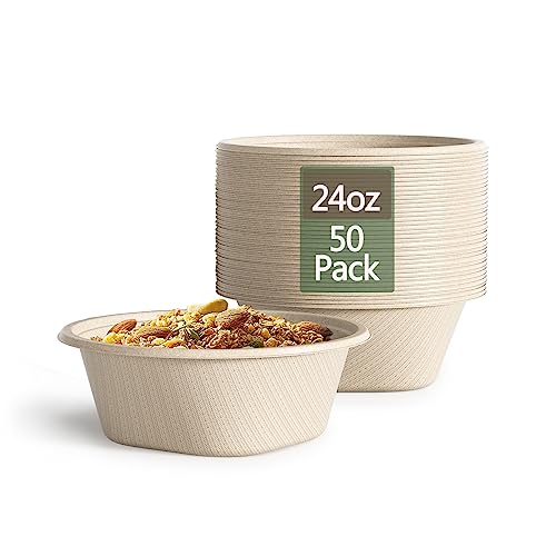 24 Oz Disposable Paper Bowls - Heavy Duty Disposable Bowls - Made from Natural Bagasse - Disposable Bowls for Hot Soup, Salad, Dessert, and More [50 Pack]