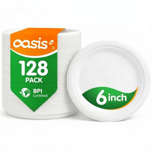 OasisSN 6 Inch Paper Plates 128 Pack, Small Dessert Plates Disposable, Heavy Duty Compostable Sugarcane Bagasse Plates for Cake, Snacks, Kids Meals & Parties, White