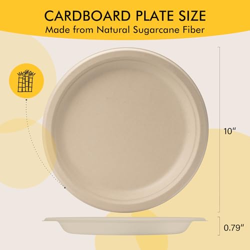 RACETOP Compostable Paper Plates 10 Inch [150 Pack] | Unbleached Brown, Disposable Biodegradable Heavy Duty Paper Plates, Made of Natural Sugarcane Fibers, Round