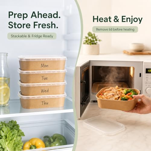 50 Disposable Meal Prep Containers 29oz Kraft Paper Bowls with Lids & Forks | Leak-Proof, BPA-Free, Freezer & Microwave Safe, Disposable Food Containers for Lunch, Deli Salad, Snack, Meal Prep & Takeout