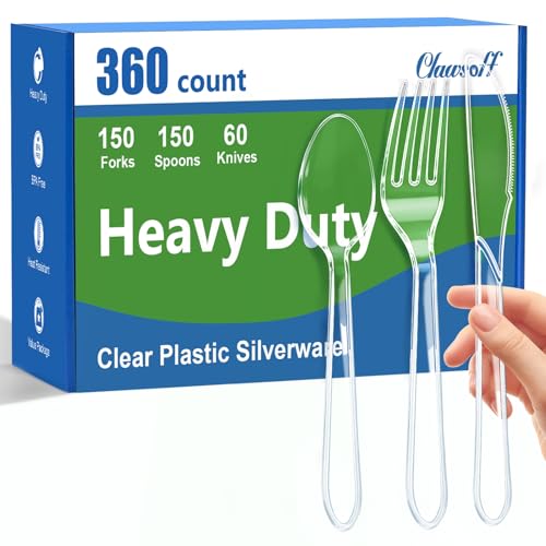 Clawsoff 360 Count Clear Plastic Silverware Set,Disposable Utensils Plastic | 150 Forks 150 Spoons 60 Knives, Heavy Duty BPA-free Heat Resistant, Ideal For Weddings Parties Events Catering Home