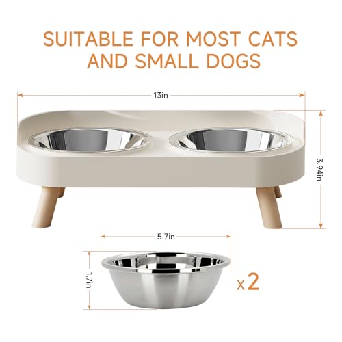 Elevated Cat Bowl, Raised Cat Food and Water Bowl Set for Indoor Cats, Splash Proof with 2 Stainless Steel Pet Food Bowls for Cats and Puppies, Whisker Fatigue and Dishwasher Safe - White