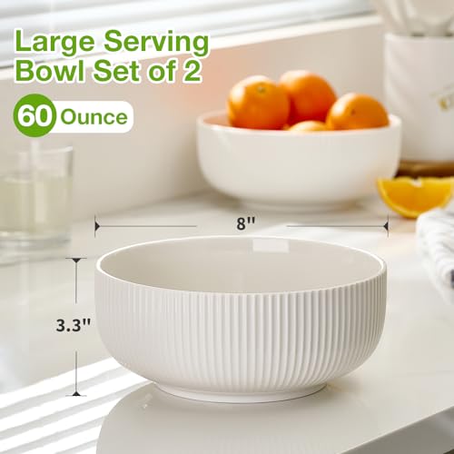 Mfacoy 2 Pack Salad Bowl, 8 inch 60 oz Large Serving Bowl Set, Deep Bowl for Kitchen, White Ceramic Bowl Set for Soup, Cereal, Ramen, Pasta, Salad, Dishwasher & Microwave Safe, Easy Clean