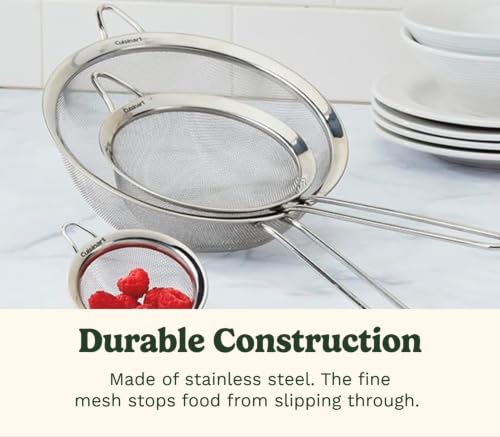 Cuisinart Mesh Strainers, Stainless Steel, Dishwasher Safe, 3-Count | Fine mesh kitchen strainers in 3 sizes, can be used as a pasta strainer, rice strainer, spaghetti strainer, CTG-00-3MS