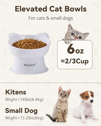 MateeyLife 2 Pack Elevated Cat Food Bowls for Indoor Cats & Kittens | Raised Food and Water Bowl Set, Whisker Friendly & Anti Vomit Feeding Pet Bowls, 6 oz Each, Dishwasher Safe - White & Grey