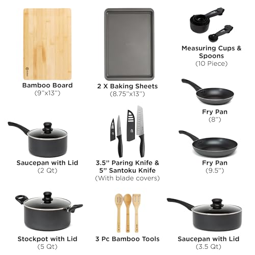 Ecolution Easy Clean Ceramic Nonstick Cookware Set, Dishwasher Safe Kitchen Pots and Pans Set, Comfort Grip Handle, Even Heating, and Ultimate Food Release, 26-Piece, Black