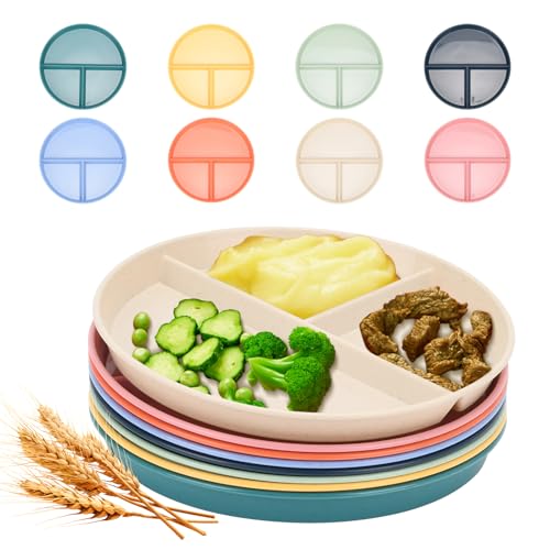 9-Inch Unbreakable Wheat Straw Divided Plates, Microwave & Dishwasher Safe | BPA-Free, 3-Compartment Divided Plates Portion Control Plates, Durable Dinnerware Sectioned Plates