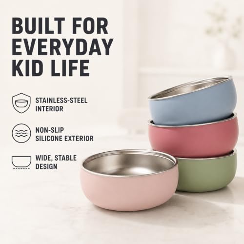 Monkey Proof™ Non-Toxic Stainless Steel Child Bowl 5” with Non-Slip Silicone Shell, Multi-color, (Set of 4 bowls) Unbreakable, Mess Free Feeding for Babies, Toddlers, Kids, BPA free