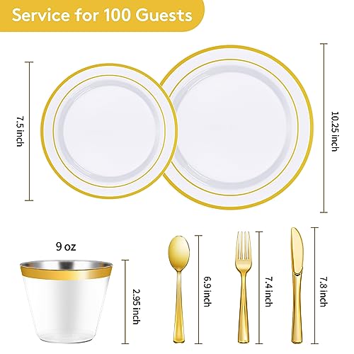 Goodluck 600 Pieces Gold Disposable Plastic Plates for 100 Guests | Include: Dinnerware Set of 100 Dinner and 100 Dessert Plates, 100 Spoons, 100 Forks, 100 Knives, 100 Cups Plates for Party