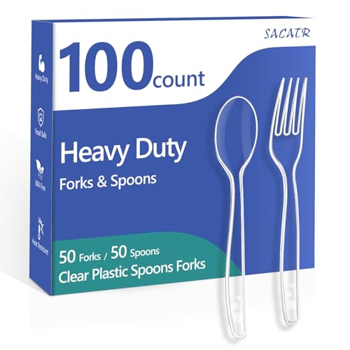 SACATR 100 Count Clear Plastic Silverware Heavy Duty -50 Forks, 50 Spoons | BPA-Free, Heat Resistant, Disposable Plastic Cutlery Set, Plasticware Bulk for Party