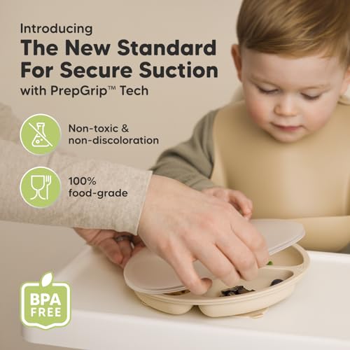 KeaBabies Suction Plates with Lids for Baby, 3pk, BPA-Free Silicone, Slate | Food Grade Silicone Toddler Plates with Suction, Divided, Kids Baby Led Weaning Essentials, Dishwasher & Microwave Safe