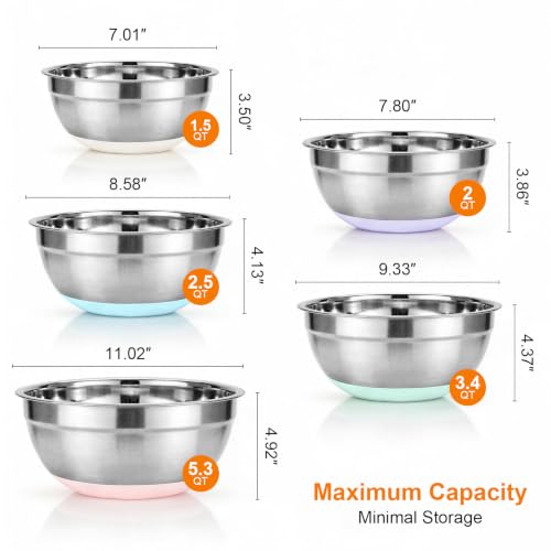 Idymere 5PCS Stainless Steel Mixing Bowls Set With Non-Slip Silicone Base | 1.5/2/2.5/3.4/5.3Qt, Nesting Space Saving, Dishwasher Safe, Metal Prep Bowl For Mixing Baking, Serving, Kitchen Food Storage