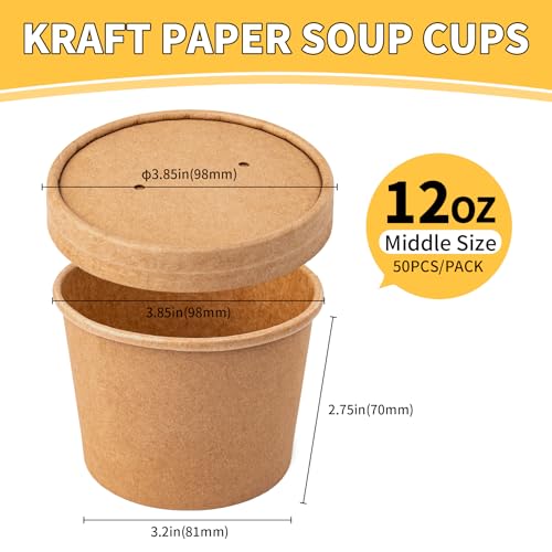 PakTalk 50 Pack Soup Containers with Lids, Disposable and Biodegradable Ice Cream Cups Kraft 12oz Paper Soup Bowls with Lids for Hot Drinking, Food, and Ice Cream (50 sets, 12 oz)