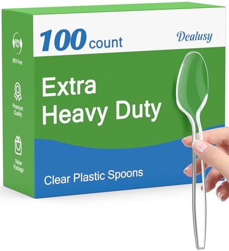 Dealusy 100 Count Clear Plastic Spoons Disposable | BPA-Free, Heat Resistant, Solid and Durable Disposable Spoons Heavy Duty Bulk, Premium Spoons for Party Supply