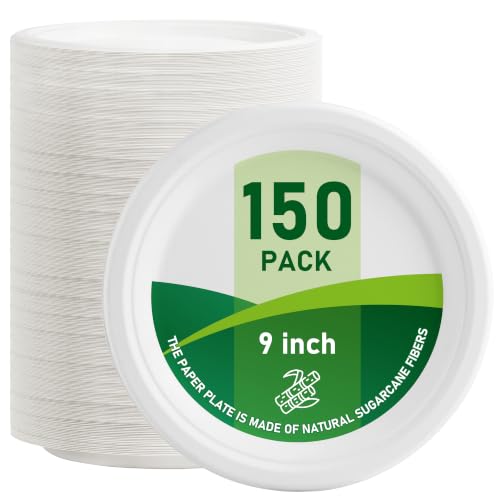 VPACKDUO 150 Pack Compostable Paper Plates 9 Inch | Heavy Duty Disposable Dinnerware, White Paper Plates Made of Biodegradable Bagasse Sugarcane Fiber