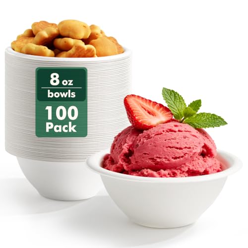 CELLURA Paper Bowls 8 oz [100 Pack], Disposable Compostable Soup Bowls, Heavy Duty White Bowls Bulk, Made of Natural Sugarcane Fibers, for Cereal, Salad, Ice cream