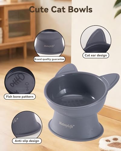 MateeyLife 2 Pack Elevated Cat Food Bowls for Indoor Cats & Kittens | Raised Food and Water Bowl Set, Whisker Friendly & Anti Vomit Feeding Pet Bowls, 6 oz Each, Dishwasher Safe - White & Grey