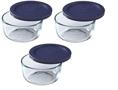 Pyrex 7200 2-Cup Glass Bowl & 7200-PC Dark Blue Lid (3-Pack) - Made in USA | BPA-Free Plastic | Round Shape | Top-Rack Dishwasher Safe | Refrigerator & Freezer Safe | Includes 3 Bowls & 3 Lids