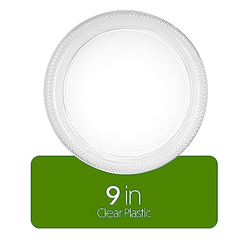PLASTICPRO 40 Pack Clear Plastic Plates 9 Inch Durable Disposable Plastic Dinner Plates for Parties Events BBQ