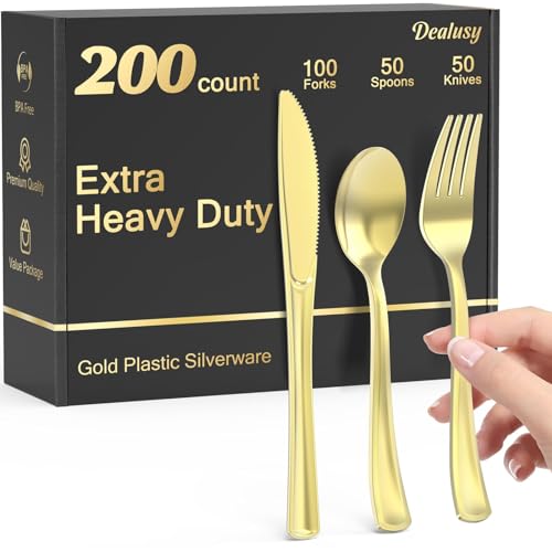 Dealusy 200 Count Heavy Duty Gold Plastic Silverware | 100 Forks, 50 Spoons, 50 Knives, BPA-Free, Heat Resistant, Disposable Plastic Utensils Set Cutlery Set, Plasticware Bulk