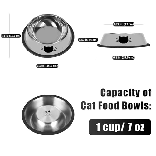 Serentive 2 Pcs Non-Slip Stainless Steel Small Cat Food Bowls - Unbreakable, Thicken 7 Oz Cat Dishes - Indoor, Removable Rubber Base, Easily Clean, Lovely Color
