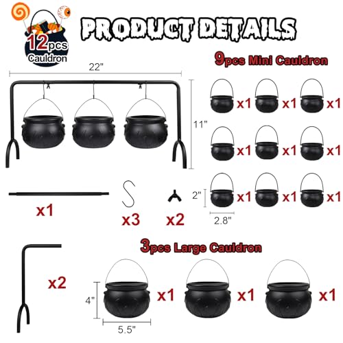 CESOF 12 Pcs Cauldron Halloween Party Decorations Witches Cauldron Bowls | Hanging Black Plastic Cauldron with Iron Rack Large Mini Candy Bucket Serving Punch Bowl for Table Hocus Pocus Indoor Decor