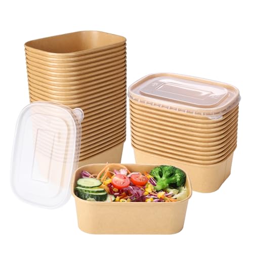 Belinlen 50 Sets 25oz Disposable Kraft Paper Bowls with Lids, Rectangle | Paper Food Containers with Lids, Salad Bowls for Hot/Cold Food, Soup, Meal Prep, Ice Cream, Takeout, Party Supplies(750ml)
