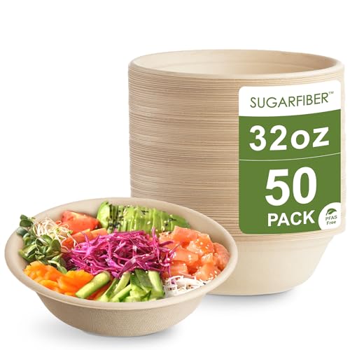 32oz Compostable Paper Bowls Disposable Round Natural Soup Bowls, 50 Count | Eco-Friendly,Heavy-Duty,Biodegradable,Sugarcane,Bagasse,Soup,Salad,Microwavable,Meal Prep,Takeout,Dinnerware,Sugarfiber
