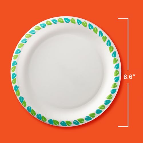 Hefty Compostable Paper Plates, 8.6 Inches, 30 Count, Patterned Disposable Plates for BBQs, Parties, Holidays, Potlucks, and Everyday, Soak-Resistant, Made with Plant-Based Materials, Microwave Safe