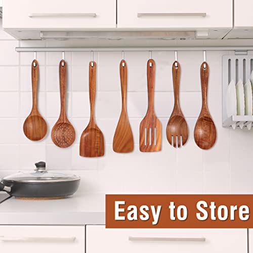 Mooues Wooden Kitchen Utensil Set, 9 Piece Natural Teak with Spoon Rest | Wooden Cooking Utensils with Comfort Grip, Smooth Durable Heat Resistant Cooking Spoons and Utensils Holder for Cooking