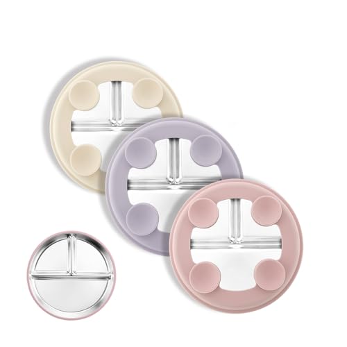 Bakpoco Stainless Steel Suction Plates for Toddlers, 8" Divided Kids Baby Plates with Removable Silicone Suction, Non Toxic Non Slip Portion Control Snack Dishes 3 Packs, Pink Beige Lilac