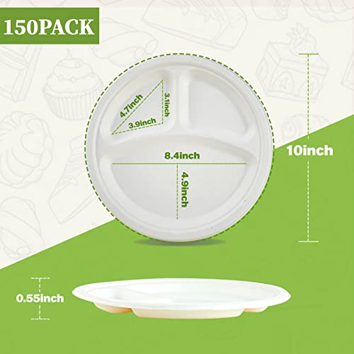 ECOLipak Compostable Disposable 3 Compartment Paper Plates, 10 inch, White | 150 Pack, Heavy-Duty Disposable Biodegradable Sugarcane Bagasse Paper Plates for Party Dinner