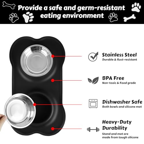 AsFrost Dog Food Bowls Stainless Steel & Water Dish with No-Spill and Non-Skid, Feeder Bowls with Dog Food Dish for Small Medium Large Size,Dogs,Cats,Puppy Pets, Black, 12oz