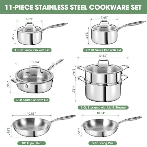 EWFEN 3 Ply Stainless Steel 11-Piece Cookware Set with Lids, Pots and Pans Kitchen Set, Non-Toxic, Induction, Oven, Dishwasher Safe, Professional Chef Quality