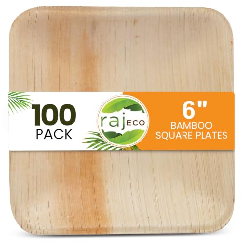 Raj Bamboo Disposable Heavy Duty 6" Square Plates 100 Pack | Strong Bamboo plates for weddings, parties, BBQs, picnics, camping, Home use, lunch & dinner.