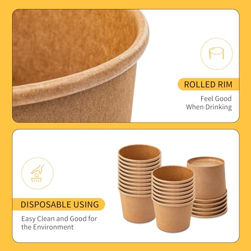 PakTalk 50 Pack Soup Containers with Lids, Disposable and Biodegradable Ice Cream Cups Kraft 12oz Paper Soup Bowls with Lids for Hot Drinking, Food, and Ice Cream (50 sets, 12 oz)