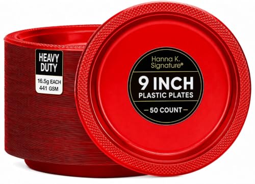 Hanna K. Signature Collection Red Plastic Plates, 9‑Inch Round, 50 Count – Disposable Heavy‑Duty Dinner Party Plates for Weddings, BBQs & Birthdays