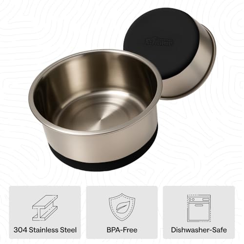GORILLA GRIP Dog Bowl Set, Food Grade 304 Stainless Steel, 2 Cup, Black | Dishwasher Safe Stainless Steel Pet Feeding Bowls Hold 16 fl oz Each, Durable Silicone Grip Base