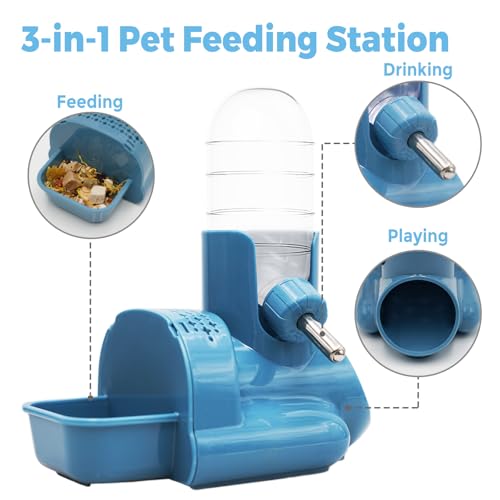 VANNON 3-in-1 Hamster Water Bottle with Food Bowl & Hideout Base, Blue | Feeding station combines water, food and hideout space to help keep hamster cages organized and easy to maintain.