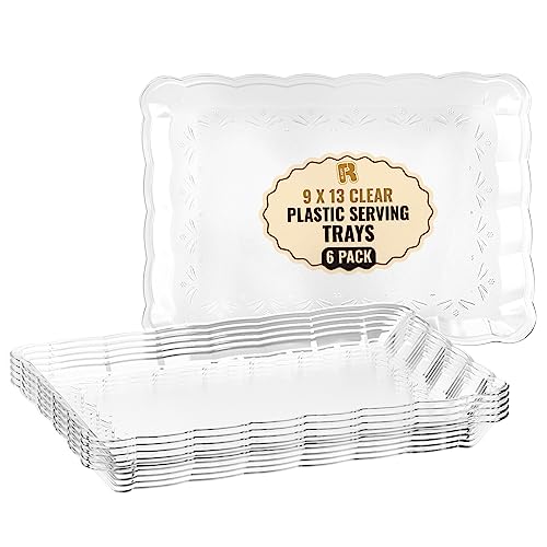 6 Pack Clear Plastic Serving Trays for Party, 9 x 13 Inch - Heavy Duty Plastic Trays for Food - Rectangular Party Serving Trays and Platters - Clear Disposable Trays