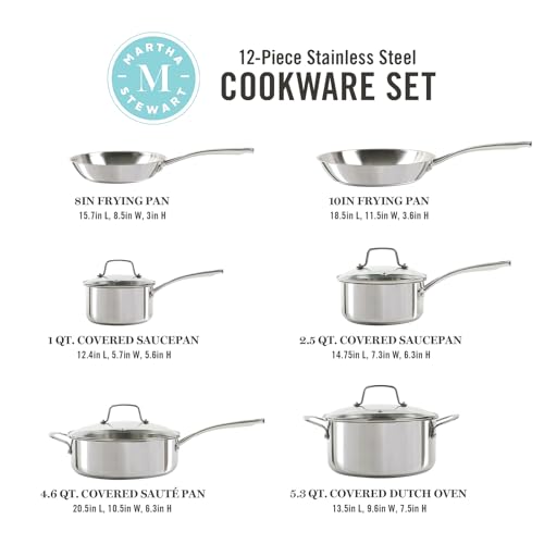Martha Stewart Castelle 10 Piece 18/8 Durable Stainless Steel Induction Safe Non-Toxic Triply Bottom Kitchen Pots and Pans Cookware Set - Dishwasher Safe
