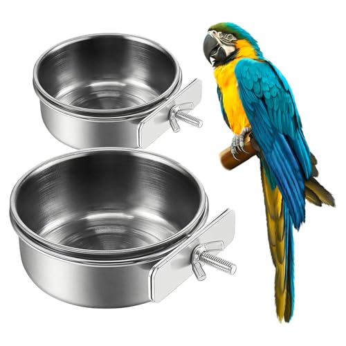 2Pcs Stainless Steel Bird Feeding Bowls, Parrot Food Water Feeder Cage Cup Holder Dia 3.93",4.72"