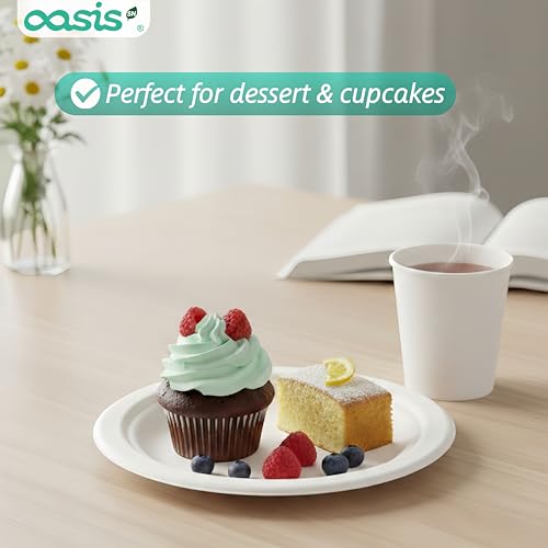 OasisSN 6 Inch Paper Plates 128 Pack, Small Dessert Plates Disposable, Heavy Duty Compostable Sugarcane Bagasse Plates for Cake, Snacks, Kids Meals & Parties, White