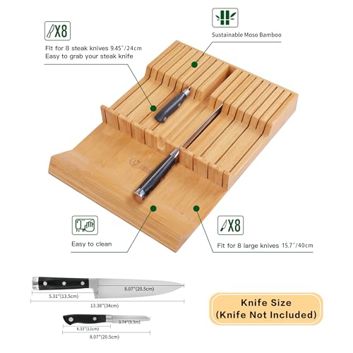 Utoplike In-drawer Knife Block Bamboo Kitchen Knives Drawer Organizer Large | Holder Storage for Steak, Paring, Bread Knives, Holds Up to 16 Knife & 1 Sharpening Steel (Knives & Sharpening Not Included)