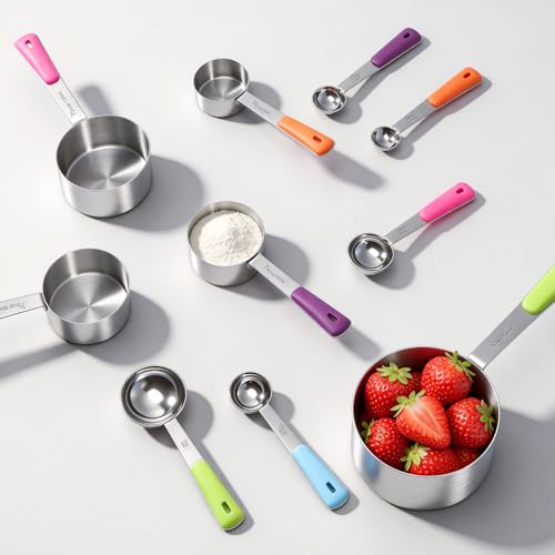Bopei 10-Pcs Stainless Steel Measuring Cups & Spoons Set, Colorful Handles | Dry and Liquid Ingredients, Dishwasher Safe, Nesting for Cooking and Baking