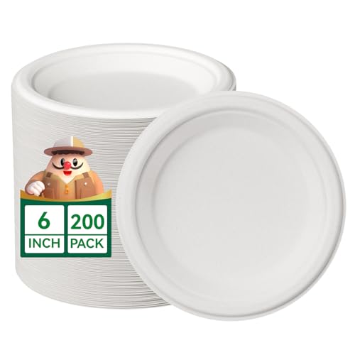 JOLLY CHEF Dessert Plates 6 Inch Paper Plates Compostable White 200 Pack | Disposable Heavy Duty for Cake, Snacks, Everyday Meals & Parties, Biodegradable Sugarcane