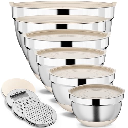 Hybemmy 9 Pack Mixing Bowls with Airtight Lids & Grater Attachments, Khaki | Stainless Steel Bowl, Non-slip Bases, Nesting Kitchen Bowl, Size 5, 4, 3, 2, 1.5,1QT,for Food Prep, Baking, Storage & Serving