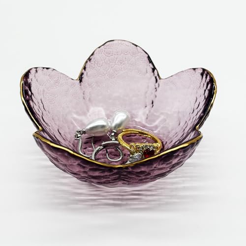BESSKON Purple Flower Ring Dish, Small Glass Jewelry Dish Tray, Ring Holder Jewlery Tray Trinket Dish, Bathroom Nightstand Decor Jewelry Bowl Christmas Friendship Birthday Gifts for Women, Soap Dish