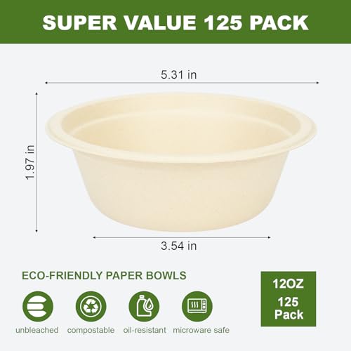 Neyimqr 125 Pack 12 OZ Paper Bowls, Natural Compostable Disposable Soup Bowls, Eco-Friendly Bagasse Serving Plates and Bowls for Hot Food or Cold Use