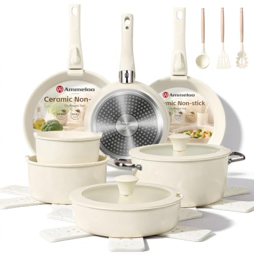 Ammeloo 24pcs Ceramic Cookware Set, Pots and Pans Set with Removable Handle